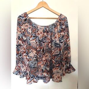 AGB Top Women Paisley Print Large Gathered neckline Long Sleeve Navy and Orange
